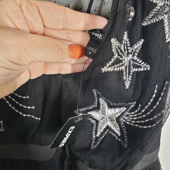 NEW Express Star Embroidered Plunge Tank Blouse‎ 8 Black Silver Mesh NWT - Picture 9 of 13